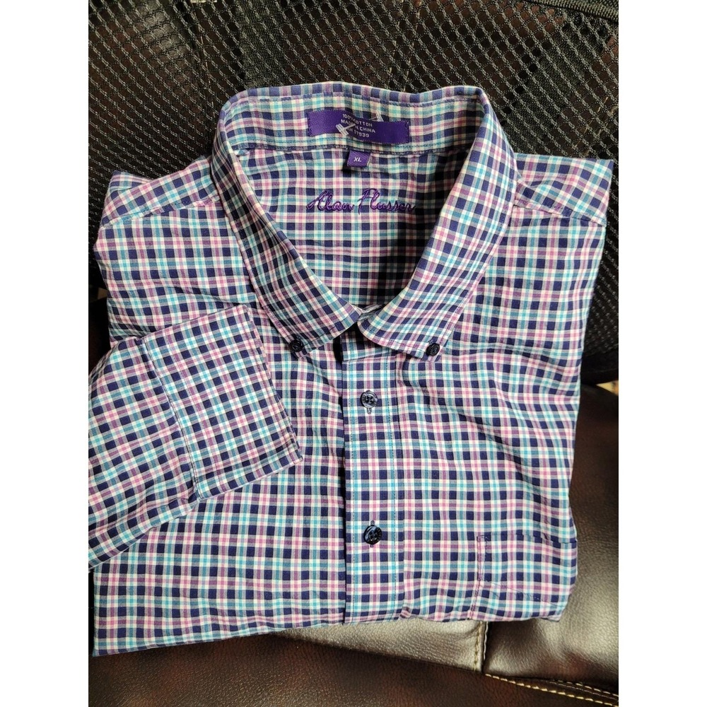 ALAN FLUSSER Mens Blue/Purple Preppy Plaid Long Sleeve Shirt Cotton‎ Size XL